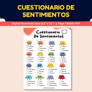 Spanish Feelings/Emotions Worksheet For Kids-Teens - Cuestionario De Sentimientos - Feelings Quiz Emoji Worksheet