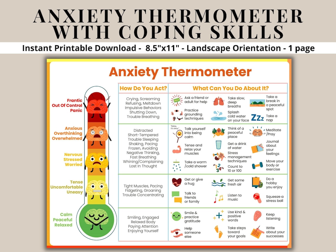 Anxiety Thermometer With Coping Skills Feelings Emotions Etsy