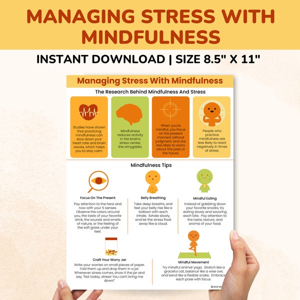 Stress Relief With Mindfulness PDF-Kids-Teens-Adults-Stress Management Therapy Worksheets-Poster-Gift-Counseling-Stress Interventions-Tools