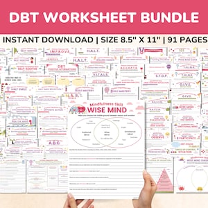 DBT Worksheets Bundle Kids-Teens-Adults-91 pgs DBT Coping Skills Worksheets-Trauma Therapist Gift-Mental Health Dialectical Behavior Therapy