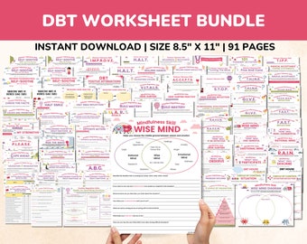 DBT Worksheets Bundle Kids-Teens-Adults-91 pgs DBT Coping Skills Worksheets-Trauma Therapist Gift-Mental Health Dialectical Behavior Therapy