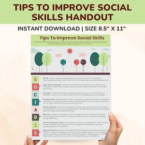 以下が含まれることがあります： ソーシャルスキルを向上させるためのヒントが書かれた印刷可能なハンドアウト。ハンドアウトには、棒人間と木が描かれています。ヒントは次のとおりです。笑顔、オープンなボディランゲージ、勇気、他人を含める、能動的に聞く、親切である、会話スキルを学ぶ、感情を表す。