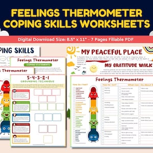 Feelings Thermometer Emotions Chart 7 Page Printable Coping Skills Worksheets For Kids-Social Emotional Learning-Child Therapy Counseling