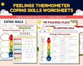 Feelings Thermometer Emotions Chart 7 Page Printable Coping Skills Worksheets For Kids-Social Emotional Learning-Child Therapy Counseling