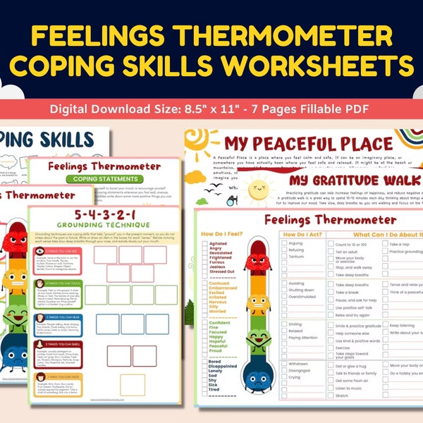 Termometro dei sentimenti Grafico delle emozioni 7 pagine Fogli di lavoro stampabili per abilità di coping per bambini-Apprendimento socio-emotivo-Counseling per la terapia infantile