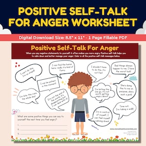 Positive Self-Talk For Anger Management Printable Coping Skills Worksheet Kids-CBT Affirmations Child Therapy Counseling Therapist Counselor