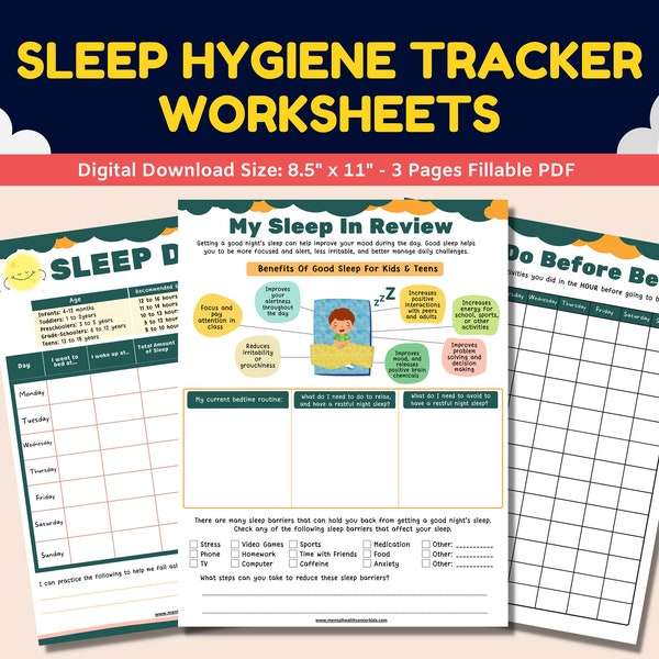 Sleep Hygiene Tracker Printable Worksheets For Kids Teens 3 pgs-Sleep Diary Bedtime Routine-Mental Health Child Therapy Therapist Counselor