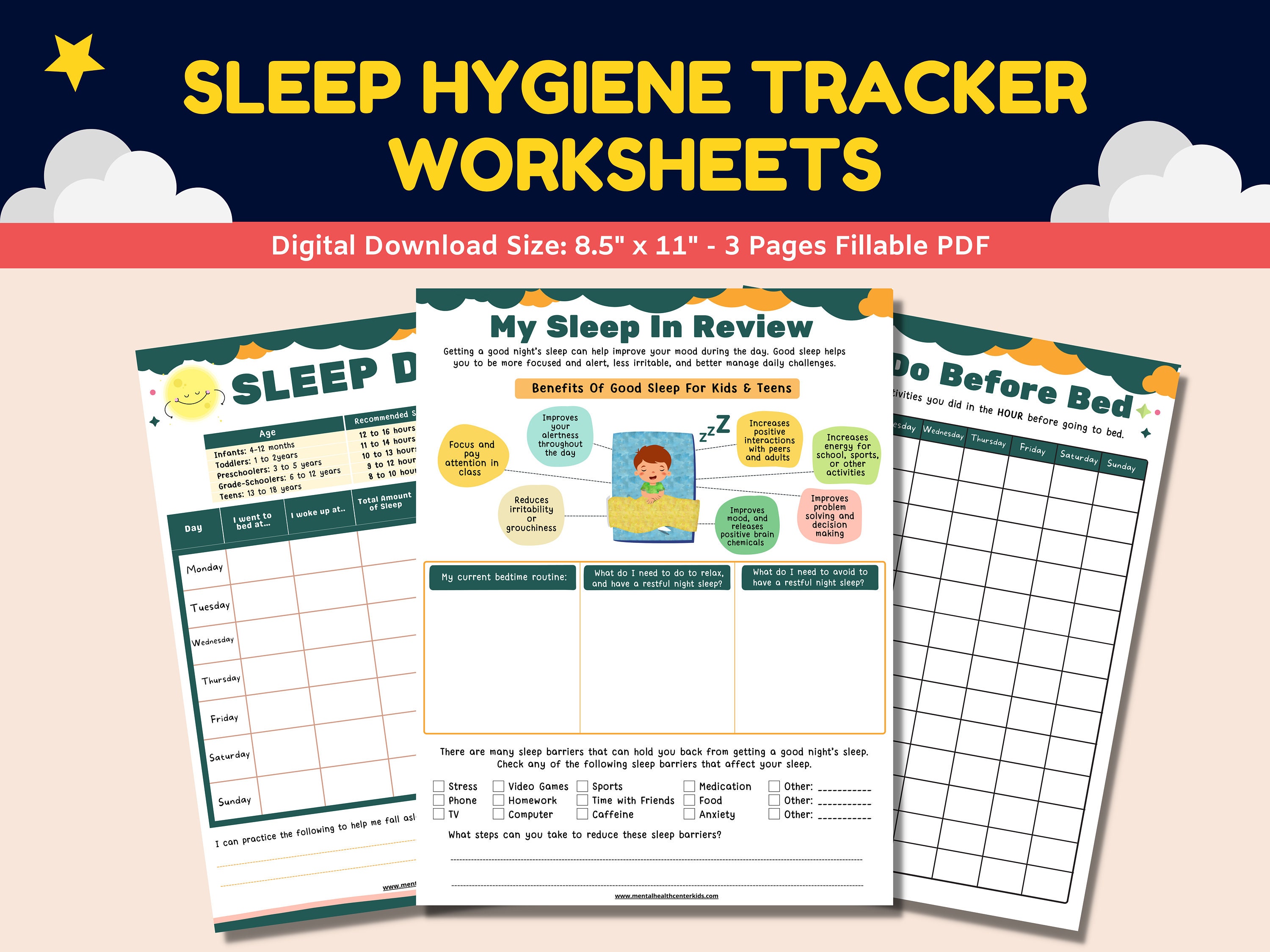 Sleep Hygiene Tracker Printable Worksheets for Kids Teens 3 Pgs-sleep Diary Bedtime Routine ...