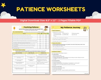 Może przedstawiać: Dwustronne cyfrowe pobranie zatytułowane "Patience Worksheets". Arkusze, przeznaczone do autorefleksji, zawierają sekcje dotyczące ćwiczenia cierpliwości i rozumienia sytuacji. Rozmiar to 21,6 cm x 27,9 cm i jest to 2-stronicowy plik PDF do wypełnienia.
