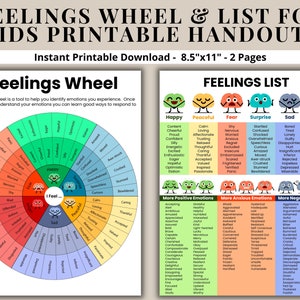 Feelings Wheel &amp; List Emotions for Kids Printable Handouts - Etsy