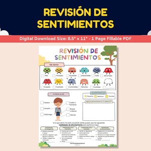 Spanish Feelings/Emotions Worksheet For Kids-Teens - Revisión De Sentimientos - Feelings Check-In Worksheet