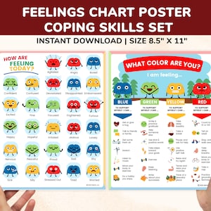 Emotions Poster Feelings Chart Coping Skills 2pg Set Kids Teens Printable Emotions Chart - Mental Health Therapy School Counselor Therapist