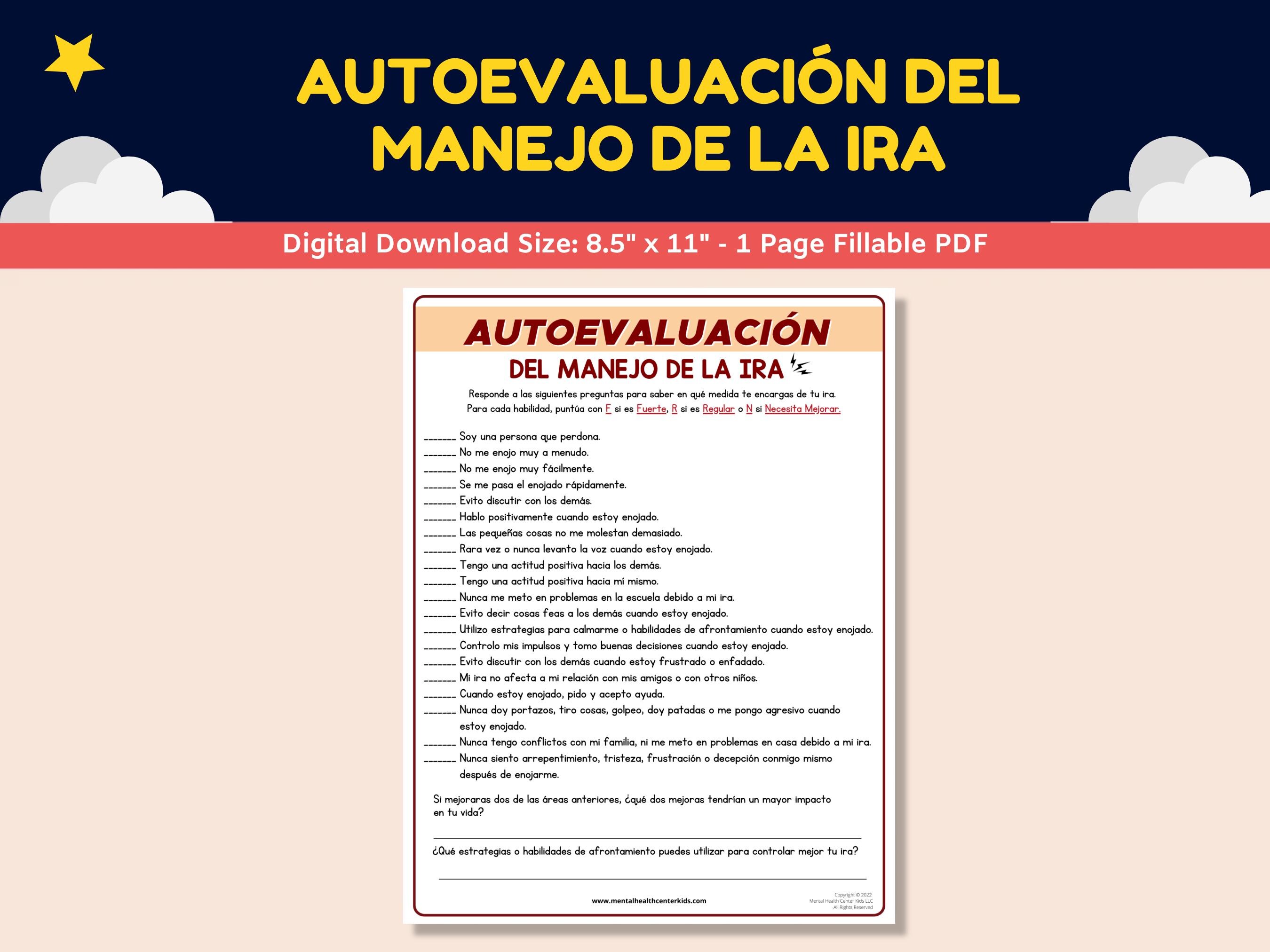 Spanish Anger Management Worksheet for Kids-teens - Autoevaluacion Del ...