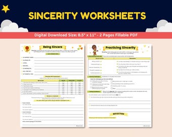 Może przedstawiać: Dwustronicowy zestaw cyfrowych arkuszy roboczych zatytułowany "Sincerity Worksheets". Arkusze o wymiarach 21,6 x 27,9 cm są przeznaczone do autorefleksji i zrozumienia szczerości. Górny baner brzmi "SINCERITY WORKSHEETS."