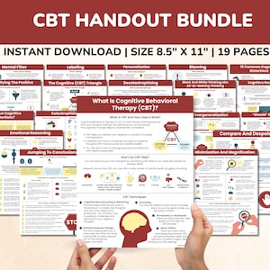 CBT Handouts Therapy Worksheets Bundle-Kids-Teens-Adults-19 pgs-Printable Therapy Posters-Cognitive Distortions-Anxiety