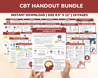 CBT Handouts Therapy Worksheets Bundle-Kids-Teens-Adults-19 pgs-Printable Therapy Posters-Cognitive Distortions-Anxiety