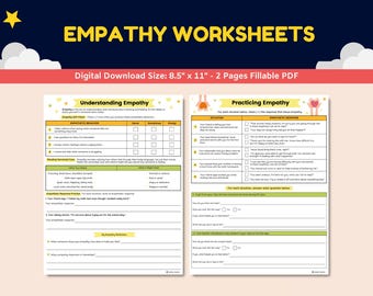 Może przedstawiać: Dwustronicowe pobranie cyfrowe zatytułowane "Empathy Worksheets". Arkusze mają na celu pomóc w zrozumieniu i ćwiczeniu empatii. Na górze obrazu znajduje się żółty tekst "EMPATHY WORKSHEETS". Arkusze mają wymiary 21,6 cm x 27,9 cm i można je wypełniać.