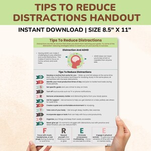 May include: A printable handout with tips to reduce distractions. The handout features a colourful design with a brain illustration and a list of tips organised by the acronym "DISTRACTION". The handout is titled "Tips to Reduce Distractions Handout" and includes the text "Instant Download | Size 8.5" x 11""