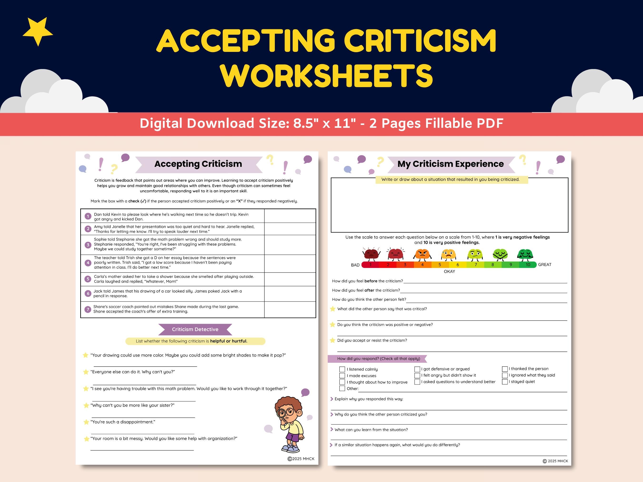 Accepting Criticism Social Skills Worksheets for Kids-teens-students ...