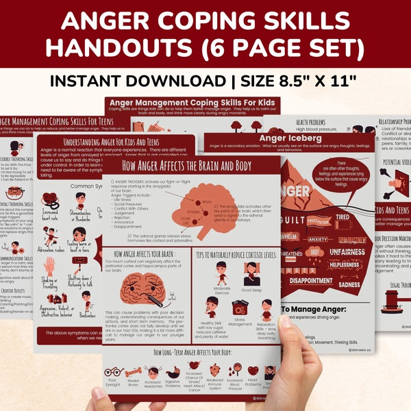 Anger Management Coping Skills Printable Poster Bundle for Kids & Teens Handouts Set 6pgs Anger Awareness Manging Angry Child Issues Therapy