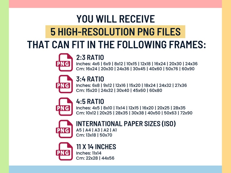 May include: A digital art print information sheet with text that reads "YOU WILL RECEIVE 5 HIGH-RESOLUTION PNG FILES". It lists frame sizes in inches and centimeters, including 4x6, 6x9, 8x12, 10x15, 12x18, 16x24, 20x30, 24x36, and more.