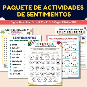 Spanish Feelings/Emotions Worksheet For Kids-Teens - Paquete De Actividades De Sentimientos-Feelings/Emotions Activity Pack Worksheets 5pgs