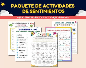 May include: A set of five printable activity pages for kids to learn about feelings and emotions. The pages feature colorful illustrations of emojis and word searches. The title of the set is "Paquete de Actividades de Sentimientos".
