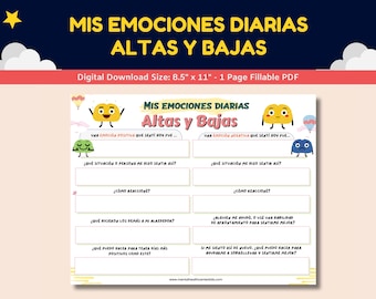 May include: A printable worksheet in Spanish titled "Mis Emociones Diarias Altas y Bajas" (My Daily Emotions Highs and Lows). The worksheet features two cartoon characters, one yellow and one blue, with thought bubbles. The worksheet is designed to help children identify and process their emotions.