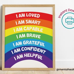 Affirmations For Kids-Rainbow Affirmations Print-I Am Loved Smart Brave-Inspirational Nursery Decor-Printable Wall Art-Digital Download