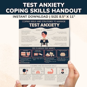 May include: A printable handout with coping skills and strategies to manage test anxiety. The handout features a cartoon illustration of a student sitting at a desk, along with tips for preparation, accepting support, healthy habits, anxiety awareness, encouraging self-talk, deep breathing, muscle relaxation, and envisioning success. The handout is 8.5 inches by 11 inches.