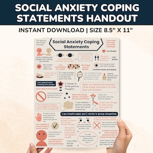 Könnte beinhalten: Ein druckbares Handout mit Bewältigungsstrategien für soziale Angst. Das Handout enthält Illustrationen von Menschen, Herzen und Händen. Der Text enthält Sätze wie "Ich bin gut im Umgang mit anderen", "Ich bin mutig" und "Ich fühle mich wohl und fühle mich in Gruppensituationen wohl".