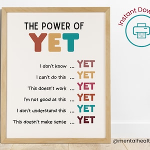 I Believe In The Power Of Yet Classroom Poster-Growth Mindset Poster-Counselor Office Decor-CBT Poster-Therapy Office-Mental Health Poster