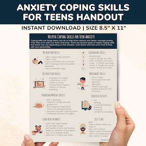 Anxiety Coping Skills For Teens Printable Handout-Therapy School Counseling Therapist Counselor Calming Help Child Teen Anxiety Awareness
