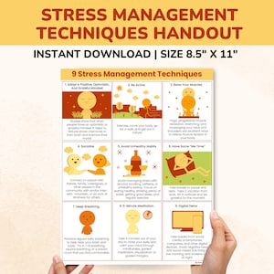 9 Stress Management Techniques Poster-Stress Relief PDF-Kids-Teens-Adults-Therapy Worksheets-Gift-Counseling Tools-Stress Interventions