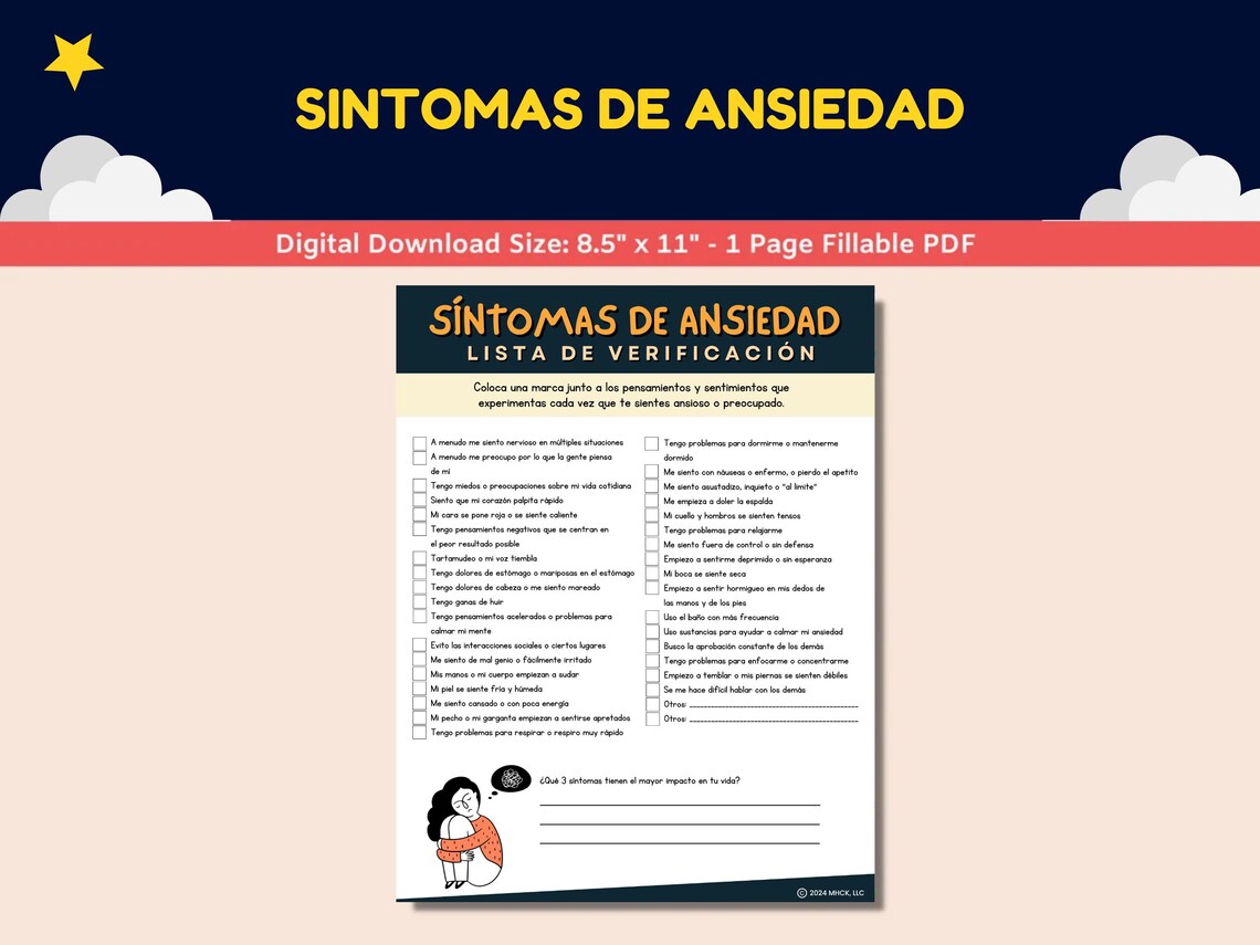 Spanish Anxiety Worksheet for Kids-teens - Sintomas De Ansiedad Lista ...