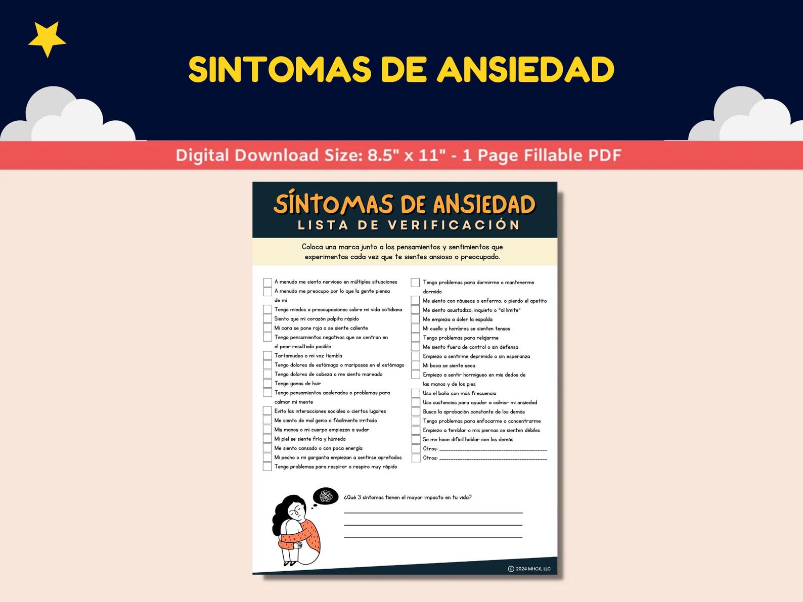Spanish Anxiety Worksheet for Kids-teens - Sintomas De Ansiedad Lista ...