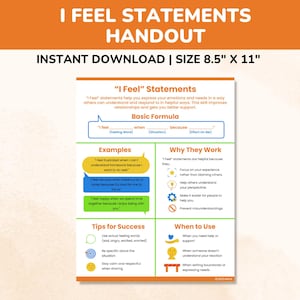 以下が含まれることがあります： オレンジと白のヘッダーが付いた「I Feel Statements」というタイトルの印刷可能なハンドアウト。ハンドアウトには、基本的な数式、例、成功のためのヒントに関するセクションが含まれています。サイズは21.6 cm x 27.9 cmです。