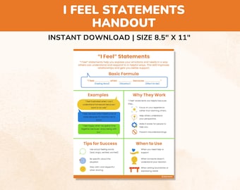 May include: A printable handout titled "I Feel Statements" with an orange and white header. The handout includes sections on basic formulas, examples, and tips for success. The size is 8.5" x 11".