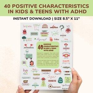 ADHD Printable Poster For Kids & Teens - 40 Positive Characteristics Kids Teens ADHD - Strength Based Strategy Therapy Child Teen ADD Sign