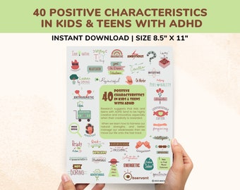 ADHS druckbares Poster für Kinder & Jugendliche - 40 Positive Merkmale Kinder Jugendliche ADHS - Kraftbasierte Strategietherapie Kind Teen ADD Zeichen