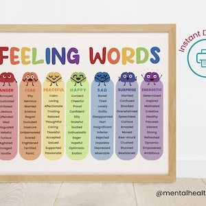 Sentimientos Palabras Emociones Lista para niños-Poster de regulación emocional-Calming Calm Down Corner Arte-Terapia Decoración de oficina-Consejería escolar SEL