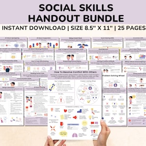 Può includere: Un set di 25 fogli di lavoro stampabili sulle abilità sociali per bambini. I fogli di lavoro misurano 21,6 cm per 27,9 cm e includono argomenti come come risolvere i conflitti con gli altri, la risoluzione dei problemi e la comunicazione assertiva. I fogli di lavoro presentano illustrazioni colorate e un testo facile da leggere.