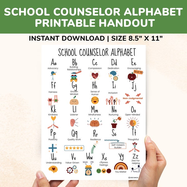 School Counselor Alphabet Printable Poster - Gift Gifts ABC Alphabet - A to Z Digital Wall Art Office Decor Sign ABCs For School Counselors