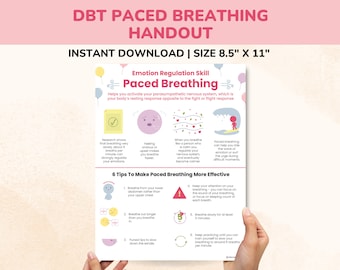 May include: A printable handout titled "DBT Paced Breathing Handout" with a pink background. The handout provides information on paced breathing as an emotion regulation skill, including six tips to make paced breathing more effective. The handout includes illustrations of people breathing and surfing.
