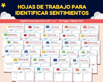 May include: A set of 28 printable worksheets featuring colorful cartoon characters with different emotions. Each worksheet includes a space for students to write about how they feel when they experience the emotion shown. The worksheets are designed to help children identify and understand their feelings. The title of the set is "HOJAS DE TRABAJO PARA IDENTIFICAR SENTIMIENTOS".