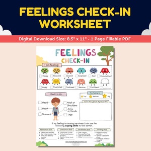 Gevoelens/emoties Emoji inchecken Afdrukbaar werkblad voor kinderen - Gevoelens identificeren-grafiek - Copingvaardigheden - SEL Kindertherapie Schoolbegeleiding