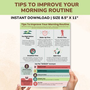 May include: A printable poster with tips to improve your morning routine. The poster is green, brown, and white with illustrations of a clock, a person stretching, a person eating breakfast, and a person taking a bath. The poster includes the text "Tips to Improve Your Morning Routine" and "Instant Download | Size 8.5" x 11"