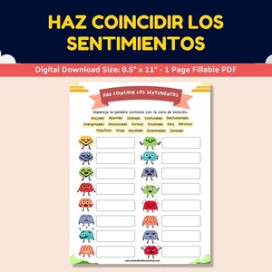 Spanish Feelings/Emotions Worksheet For Kids-Teens - Haz Coincidir Los Sentimientos - Feelings Matching Worksheet