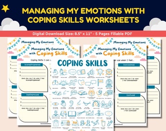 May include: Five printable worksheets for managing emotions with coping skills. Each worksheet features a different emotion: scared/frightened, overwhelmed, sad/depressed, confused, and angry. The worksheets include a list of coping skills and space to write down what the user can do when they feel that emotion.