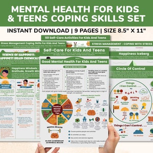Opuscoli stampabili sulla terapia per la salute mentale per bambini e adolescenti - Set di poster di consulenza sulle abilità di coping da 9 pagine in formato PDF